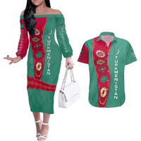 Turkmenistan National Symbols Couples Matching Off The Shoulder Long Sleeve Dress and Hawaiian Shirt with Crescent Moon, Stars, and Traditional Carpet Pattern Design
