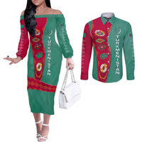 Turkmenistan National Symbols Couples Matching Off The Shoulder Long Sleeve Dress and Long Sleeve Button Shirt with Crescent Moon, Stars, and Traditional Carpet Pattern Design