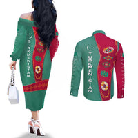 Turkmenistan National Symbols Couples Matching Off The Shoulder Long Sleeve Dress and Long Sleeve Button Shirt with Crescent Moon, Stars, and Traditional Carpet Pattern Design