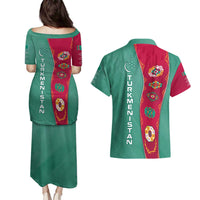 Turkmenistan National Symbols Couples Matching Puletasi and Hawaiian Shirt with Crescent Moon, Stars, and Traditional Carpet Pattern Design