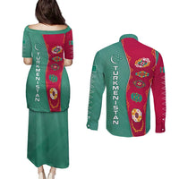 Turkmenistan National Symbols Couples Matching Puletasi and Long Sleeve Button Shirt with Crescent Moon, Stars, and Traditional Carpet Pattern Design