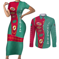 Turkmenistan National Symbols Couples Matching Short Sleeve Bodycon Dress and Long Sleeve Button Shirt with Crescent Moon, Stars, and Traditional Carpet Pattern Design