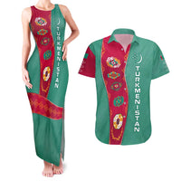 Turkmenistan National Symbols Couples Matching Tank Maxi Dress and Hawaiian Shirt with Crescent Moon, Stars, and Traditional Carpet Pattern Design