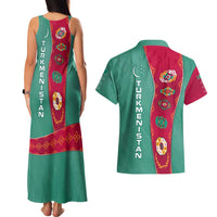 Turkmenistan National Symbols Couples Matching Tank Maxi Dress and Hawaiian Shirt with Crescent Moon, Stars, and Traditional Carpet Pattern Design