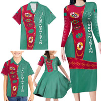 Turkmenistan National Symbols Family Matching Long Sleeve Bodycon Dress and Hawaiian Shirt with Crescent Moon, Stars, and Traditional Carpet Pattern Design