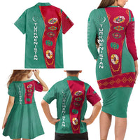 Turkmenistan National Symbols Family Matching Long Sleeve Bodycon Dress and Hawaiian Shirt with Crescent Moon, Stars, and Traditional Carpet Pattern Design
