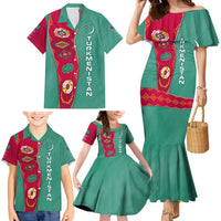Turkmenistan National Symbols Family Matching Mermaid Dress and Hawaiian Shirt with Crescent Moon, Stars, and Traditional Carpet Pattern Design