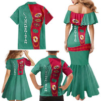 Turkmenistan National Symbols Family Matching Mermaid Dress and Hawaiian Shirt with Crescent Moon, Stars, and Traditional Carpet Pattern Design