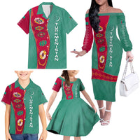 Turkmenistan National Symbols Family Matching Off The Shoulder Long Sleeve Dress and Hawaiian Shirt with Crescent Moon, Stars, and Traditional Carpet Pattern Design