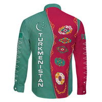 Turkmenistan National Symbols Family Matching Off The Shoulder Long Sleeve Dress and Hawaiian Shirt with Crescent Moon, Stars, and Traditional Carpet Pattern Design