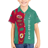 Turkmenistan National Symbols Family Matching Off Shoulder Maxi Dress and Hawaiian Shirt with Crescent Moon, Stars, and Traditional Carpet Pattern Design