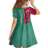 Turkmenistan National Symbols Family Matching Off Shoulder Short Dress and Hawaiian Shirt with Crescent Moon, Stars, and Traditional Carpet Pattern Design