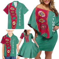 Turkmenistan National Symbols Family Matching Off Shoulder Short Dress and Hawaiian Shirt with Crescent Moon, Stars, and Traditional Carpet Pattern Design