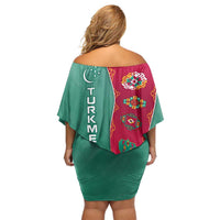 Turkmenistan National Symbols Family Matching Off Shoulder Short Dress and Hawaiian Shirt with Crescent Moon, Stars, and Traditional Carpet Pattern Design