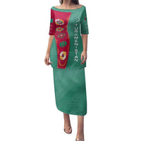 Turkmenistan National Symbols Family Matching Puletasi and Hawaiian Shirt with Crescent Moon, Stars, and Traditional Carpet Pattern Design