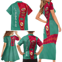 Turkmenistan National Symbols Family Matching Short Sleeve Bodycon Dress and Hawaiian Shirt with Crescent Moon, Stars, and Traditional Carpet Pattern Design
