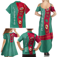 Turkmenistan National Symbols Family Matching Summer Maxi Dress and Hawaiian Shirt with Crescent Moon, Stars, and Traditional Carpet Pattern Design