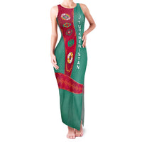 Turkmenistan National Symbols Family Matching Tank Maxi Dress and Hawaiian Shirt with Crescent Moon, Stars, and Traditional Carpet Pattern Design