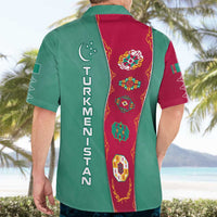 Turkmenistan National Symbols Hawaiian Shirt with Crescent Moon, Stars, and Traditional Carpet Pattern Design