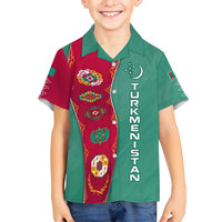 Turkmenistan National Symbols Hawaiian Shirt with Crescent Moon, Stars, and Traditional Carpet Pattern Design