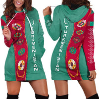 Turkmenistan National Symbols Hoodie Dress with Crescent Moon, Stars, and Traditional Carpet Pattern Design