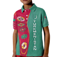 Turkmenistan National Symbols Kid Polo Shirt with Crescent Moon, Stars, and Traditional Carpet Pattern Design
