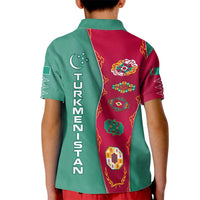 Turkmenistan National Symbols Kid Polo Shirt with Crescent Moon, Stars, and Traditional Carpet Pattern Design