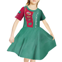 Turkmenistan National Symbols Kid Short Sleeve Dress with Crescent Moon, Stars, and Traditional Carpet Pattern Design