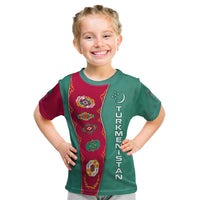 Turkmenistan National Symbols Kid T Shirt with Crescent Moon, Stars, and Traditional Carpet Pattern Design