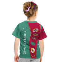 Turkmenistan National Symbols Kid T Shirt with Crescent Moon, Stars, and Traditional Carpet Pattern Design