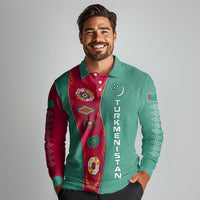 Turkmenistan National Symbols Long Sleeve Polo Shirt with Crescent Moon, Stars, and Traditional Carpet Pattern Design