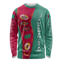 Turkmenistan National Symbols Long Sleeve Shirt with Crescent Moon, Stars, and Traditional Carpet Pattern Design