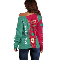 Turkmenistan National Symbols Off Shoulder Sweater with Crescent Moon, Stars, and Traditional Carpet Pattern Design