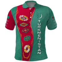 Turkmenistan National Symbols Polo Shirt with Crescent Moon, Stars, and Traditional Carpet Pattern Design