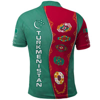 Turkmenistan National Symbols Polo Shirt with Crescent Moon, Stars, and Traditional Carpet Pattern Design