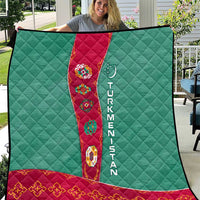 Turkmenistan National Symbols Quilt with Crescent Moon, Stars, and Traditional Carpet Pattern Design