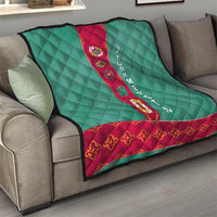 Turkmenistan National Symbols Quilt with Crescent Moon, Stars, and Traditional Carpet Pattern Design
