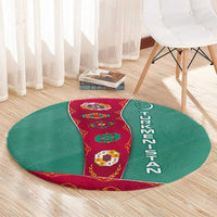 Turkmenistan National Symbols Round Carpet with Crescent Moon, Stars, and Traditional Carpet Pattern Design