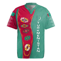 Turkmenistan National Symbols Rugby Jersey with Crescent Moon, Stars, and Traditional Carpet Pattern Design
