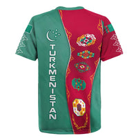 Turkmenistan National Symbols Rugby Jersey with Crescent Moon, Stars, and Traditional Carpet Pattern Design