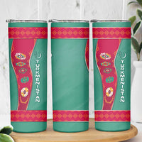 Turkmenistan National Symbols Skinny Tumbler with Crescent Moon, Stars, and Traditional Carpet Pattern Design