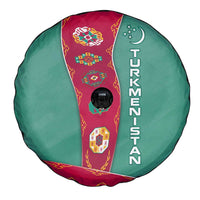 Turkmenistan National Symbols Spare Tire Cover with Crescent Moon, Stars, and Traditional Carpet Pattern Design