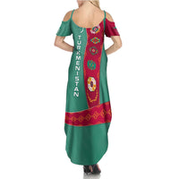 Turkmenistan National Symbols Summer Maxi Dress with Crescent Moon, Stars, and Traditional Carpet Pattern Design