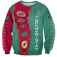Turkmenistan National Symbols Sweatshirt with Crescent Moon, Stars, and Traditional Carpet Pattern Design