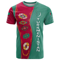 Turkmenistan National Symbols T Shirt with Crescent Moon, Stars, and Traditional Carpet Pattern Design