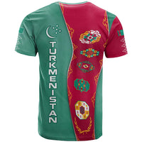 Turkmenistan National Symbols T Shirt with Crescent Moon, Stars, and Traditional Carpet Pattern Design
