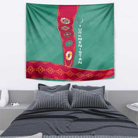 Turkmenistan National Symbols Tapestry with Crescent Moon, Stars, and Traditional Carpet Pattern Design