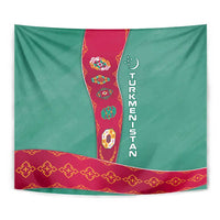 Turkmenistan National Symbols Tapestry with Crescent Moon, Stars, and Traditional Carpet Pattern Design