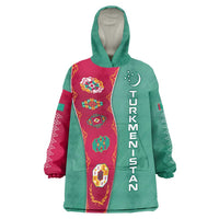 Turkmenistan National Symbols Wearable Blanket Hoodie with Crescent Moon, Stars, and Traditional Carpet Pattern Design