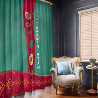 Turkmenistan National Symbols Window Curtain with Crescent Moon, Stars, and Traditional Carpet Pattern Design